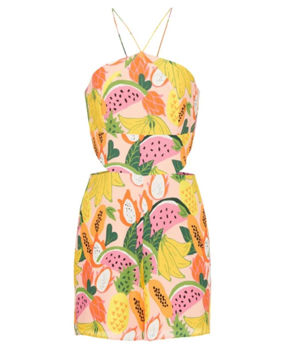 HUTCH anthro bright vibrant yellow pink Mixed Fruits Jeslyn halter romper shorts
